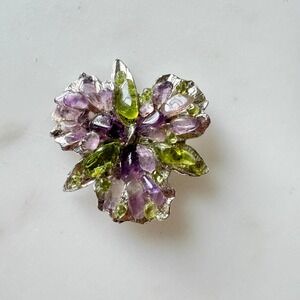 Vintage Pansy Brooch Amethyst Peridot Silver Tone Floral Feminine Romantic